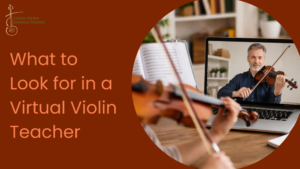 Student taking a virtual violin lesson on a laptop at home